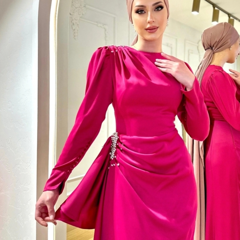 Pink Asymmetrical Ruched Gown for Wedding Guest